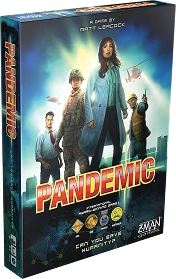 Doos van het bordspel Pandemic met team van wetenschappers en wereldkaart.