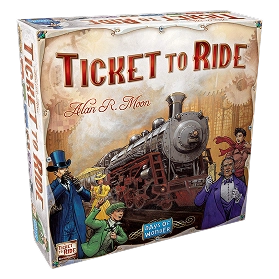 Doos van het bordspel Ticket to Ride met trein en reizigersillustratie.