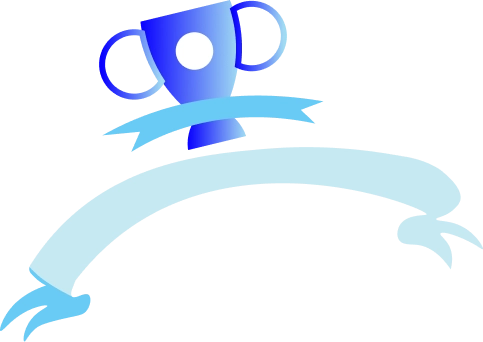 Illustratie van een blauwe trofee met een witte cirkel in het midden, een klein lint aan de voorkant en een grote gebogen lichtblauwe lintbanner eronder